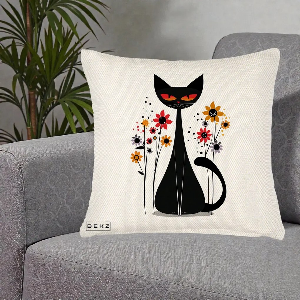Perna Decorativa Pisica Neagra Ochi Rosii Flori, 40x40 cm, Crem Reliefat, Husa Detasabila, Perna Inclusa, BEKZ®