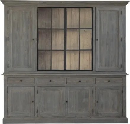 Bufet vitrină din lemn masiv de pin, gri, cu 8 uși, dintre care 2 vitrate cu rame metalice, și 4 sertare, finisaj décapé, 222 x 237 x 48 cm, „Luberon”