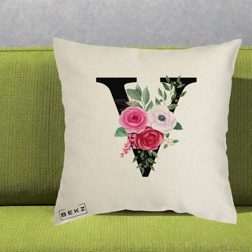 Cadou Personalizat - Perna Personalizata Monograma Florala Litera V cu Buchet, 40x40 cm, Ecru, Husa Detasabila, Perna Inclusa, BEKZ®