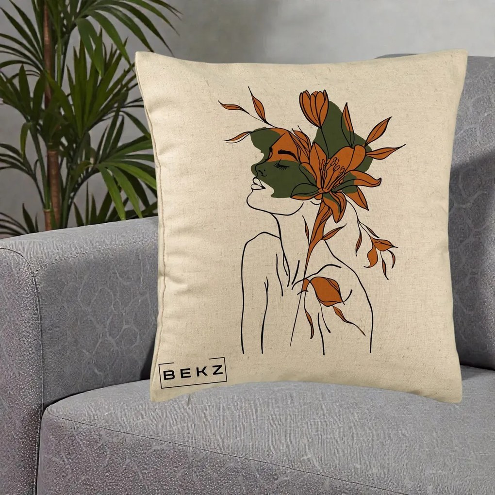 Perna Decorativa Portret Feminin Crin Auriu, 40x40 cm, Bej, Husa Detasabila, Perna Inclusa, BEKZ®