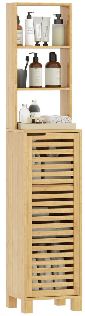 HOMCOM Dulap înalt pentru baie din bambus Coloană îngustă cu 3 polițe deschise Ușă cu lamele Rafturi reglabile 34x30x170 cm Natural | Aosom Romania