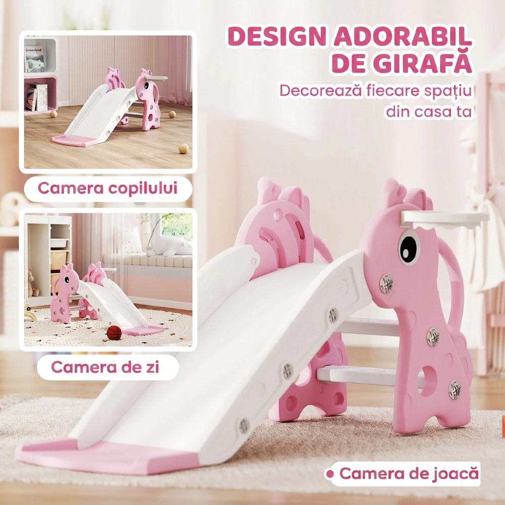 AIYAPLAY Tobogan pentru Copii cu Scară, Coș de Baschet și Minge, Design Girafă, pentru Copii 1-3 Ani, Roz | Aosom Romania