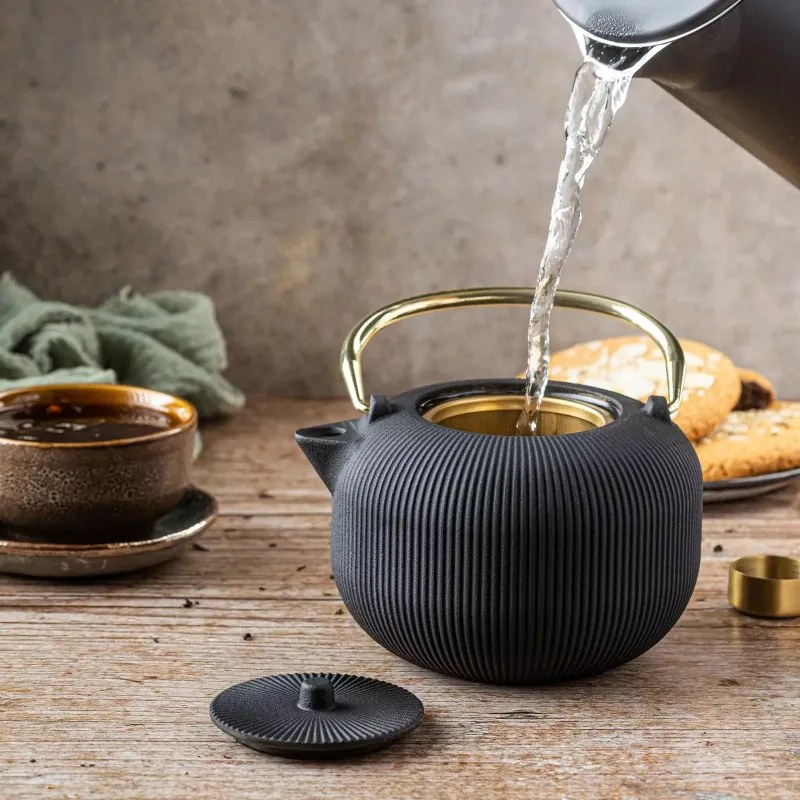 Ceainic din fonta cu infuzor Kinghoff KH 1931, 1 l, Fonta, Interior emailat, Negru