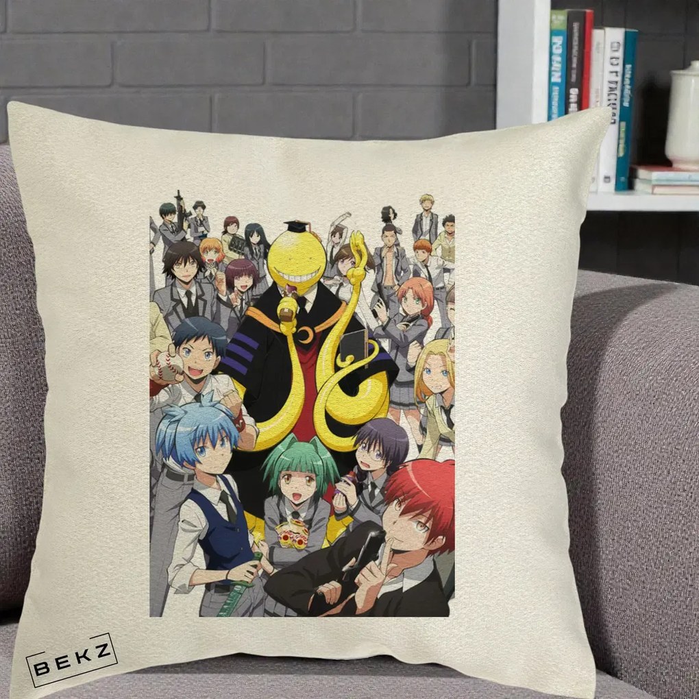 Perna Personalizata Assassination Classroom Grup Complet Anime, 40x40 cm, Ecru, Husa Detasabila, Perna Inclusa, BEKZ®