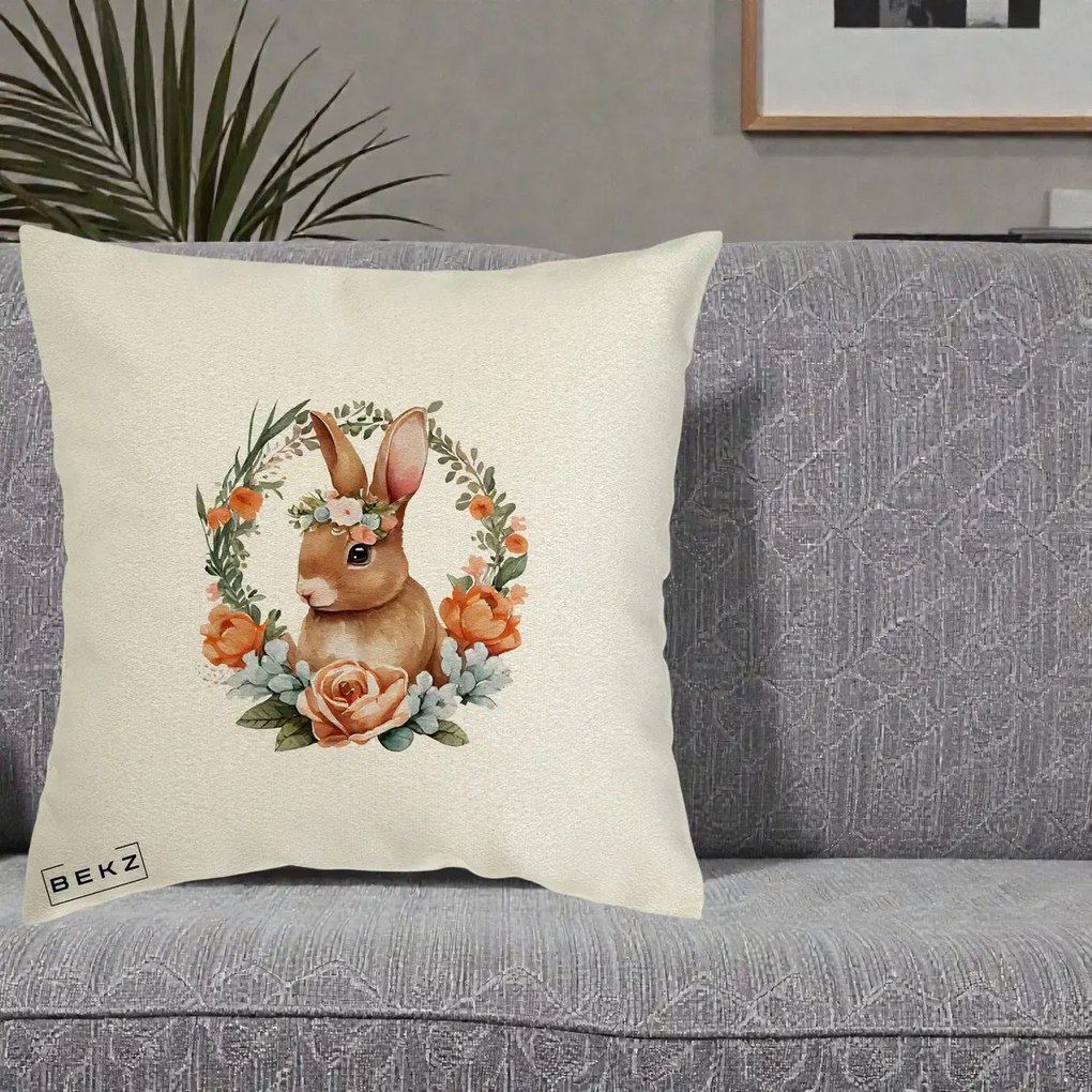 Perna Decorativa Iepuras Floral Coronita Acuarela, 40x40 cm, Ecru, Husa Detasabila, Perna Inclusa, BEKZ®