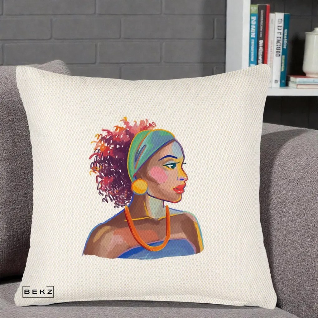 Perna Decorativa Portret Femeie Urbana Acuarela, 40x40 cm, Crem Reliefat, Husa Detasabila, Perna Inclusa, BEKZ®