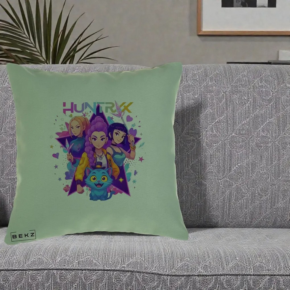 Perna Personalizata K-pop HUNTRX Trio cu Pisica Stele, 40x40 cm, Verde, Husa Detasabila, Perna Inclusa, BEKZ®