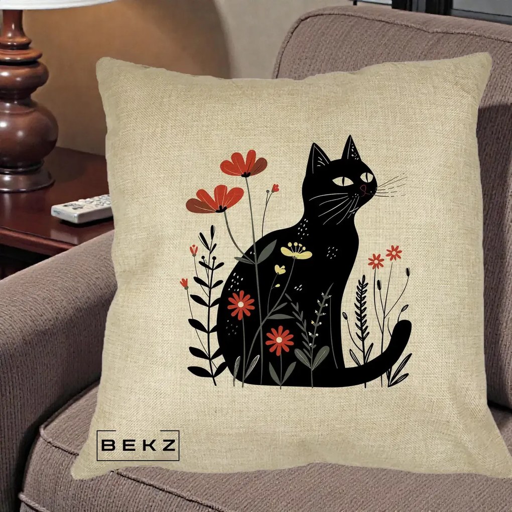 Perna Decorativa Pisica Neagra Flori Rosii Folk, 40x40 cm, Crem, Husa Detasabila, Perna Inclusa, BEKZ®