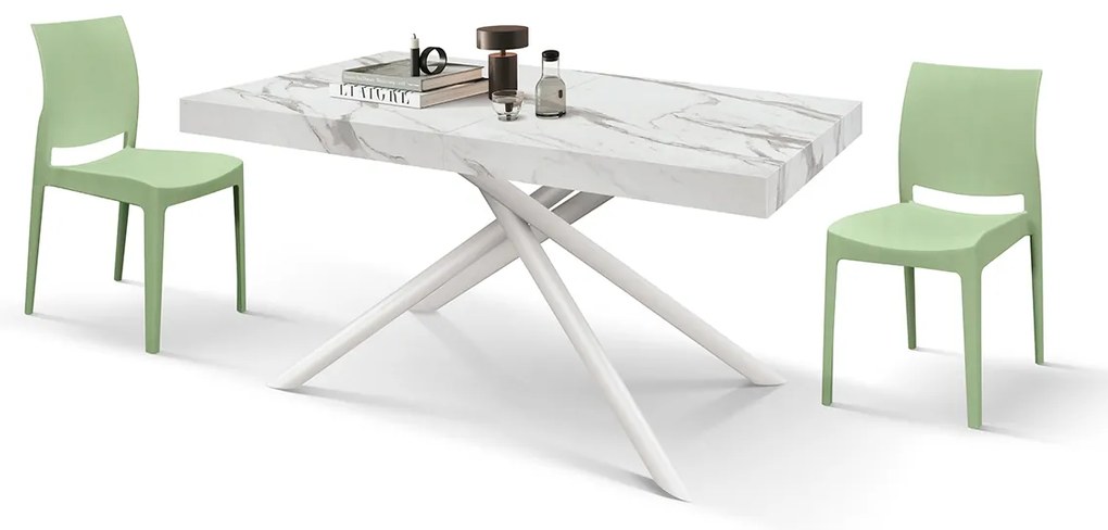 Masa extensibila Menego, blat ALB MARMORAT - 160 cm / 90 cm / h 77 - ALB