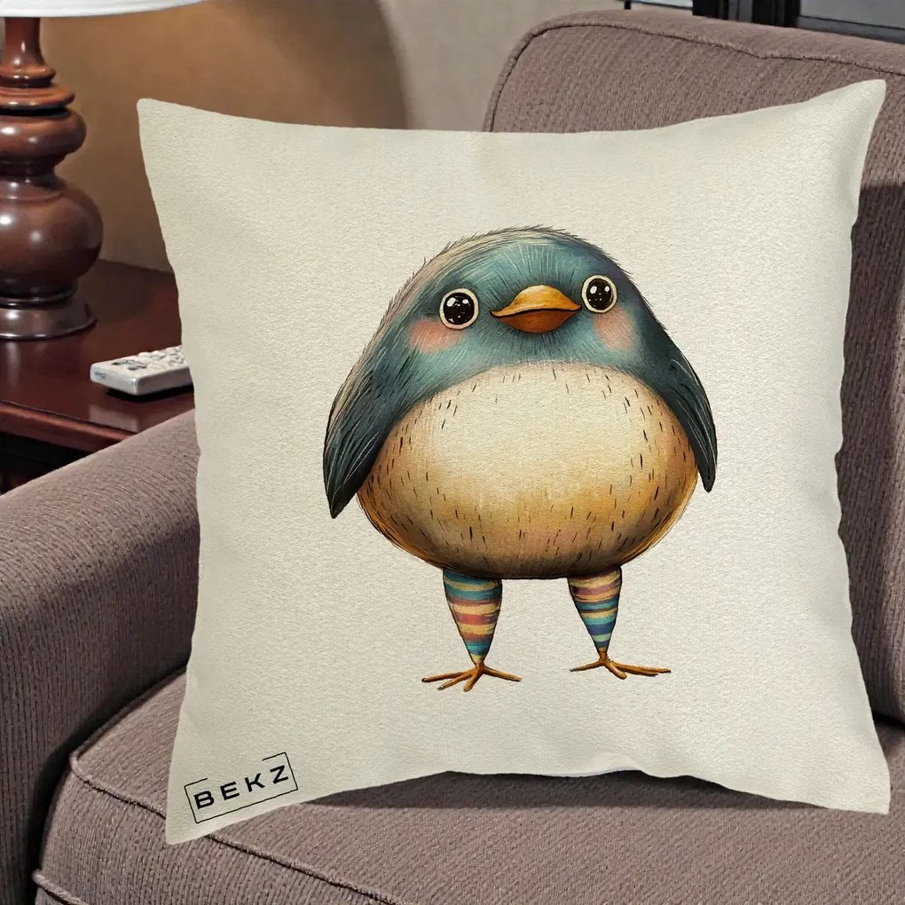 Perna Decorativa Pasare Teal-Bej cu Sosete Curcubeu, 40x40 cm, Ecru, Husa Detasabila, Perna Inclusa, BEKZ®