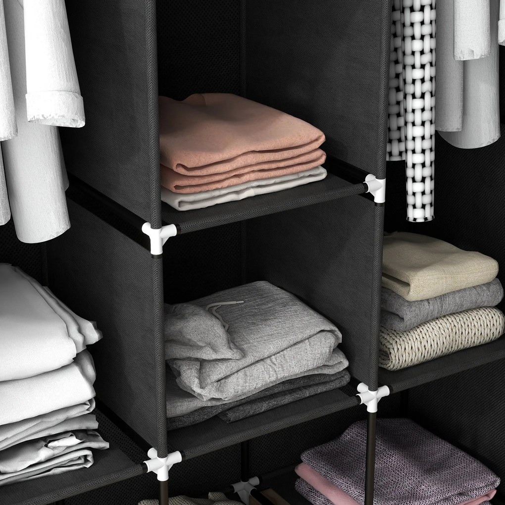 HOMCOM Dulap din Material Textil cu Bază Înălțată, 8 Rafturi și 2 Bare, 125x43x162.5 cm, Gri Închis | Aosom Romania