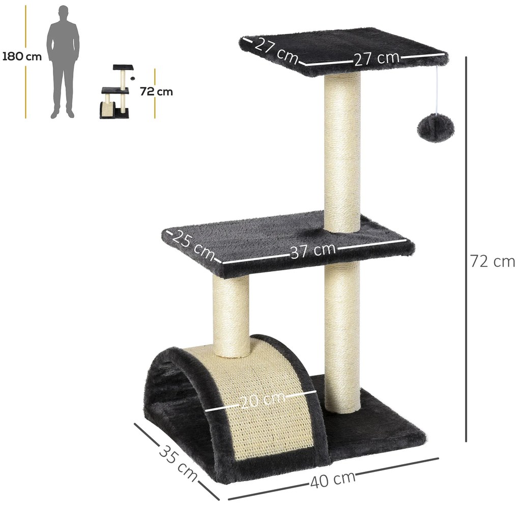 PawHut Copac pentru Pisici cu 3 Nivele cu Covor pentru Zgâriat în Formă de Arc, Copac de Zgâriat, 40x35x72 cm, Gri | Aosom Romania