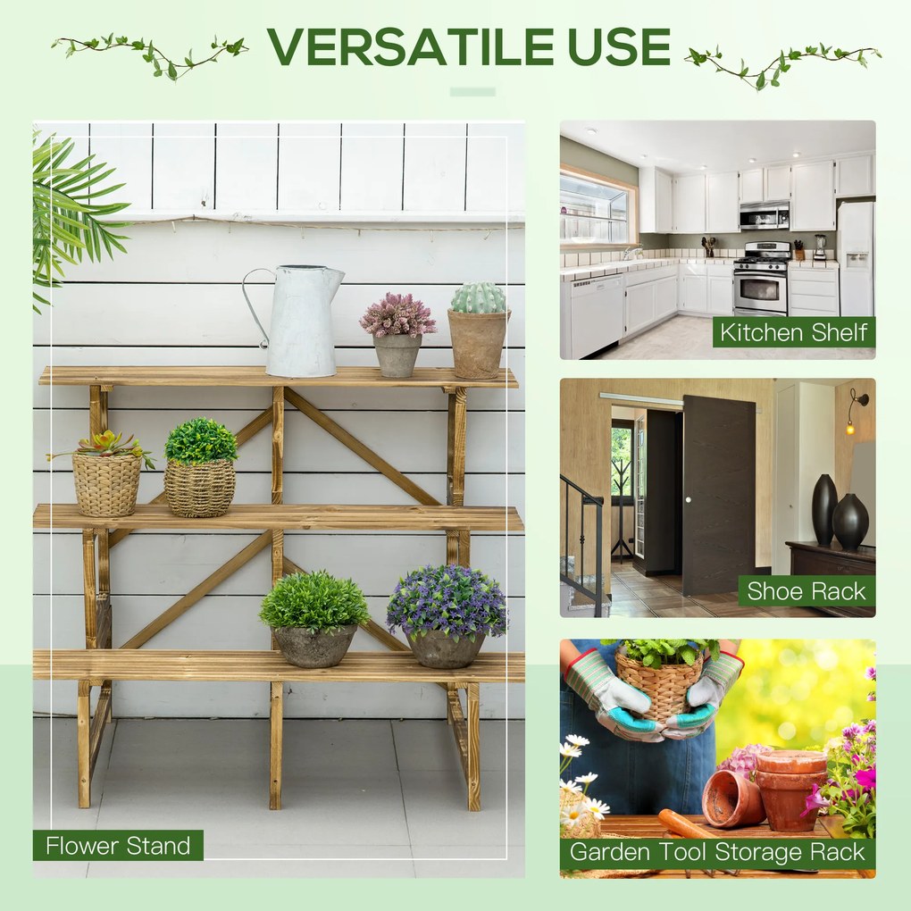 Outsunny suport de flori pliabil cu 3 etaje, din lemn natural, 78 cm, pentru interior și exterior | Aosom Romania