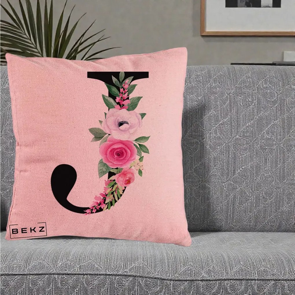Cadou Personalizat - Perna Personalizata Monograma Florala Litera J, 40x40 cm, Roz, Husa Detasabila, Perna Inclusa, BEKZ®