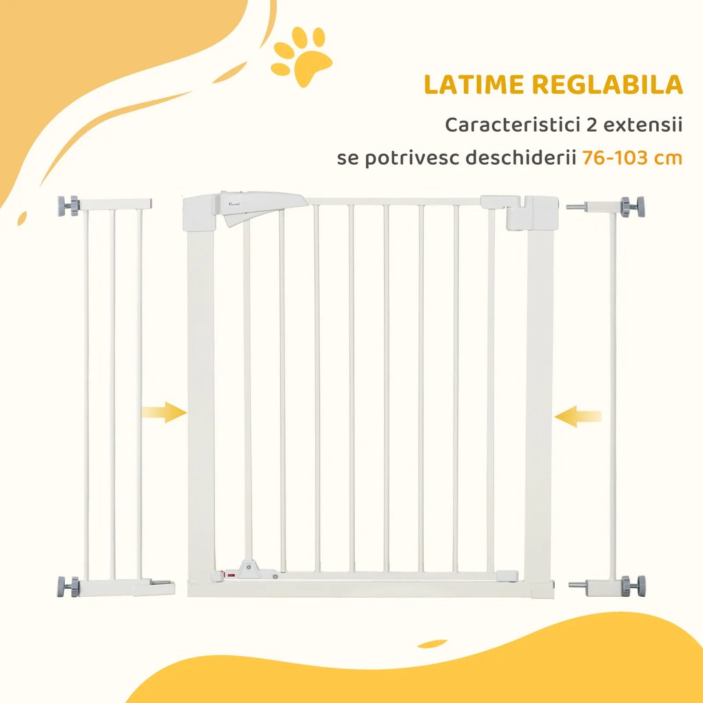 PawHut Poartă pentru Câini de Talie Mică și Medie cu Dublă Încuietoare și Închidere Automată, 76-103x4.2x77 cm, Alb | Aosom Romania