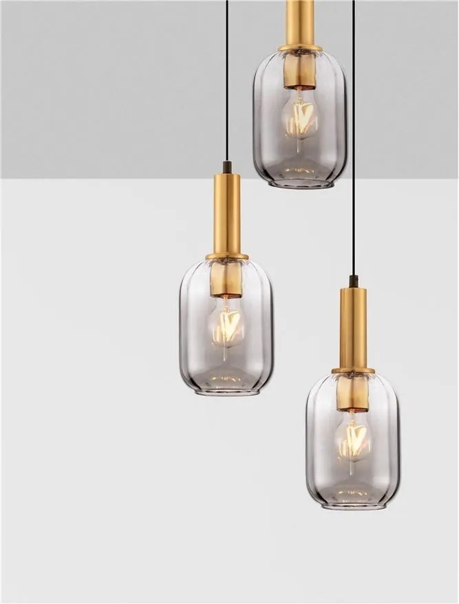 Lustra cu 3 pendule, Metal, Auriu, Sticla, Fumurie, MAHO