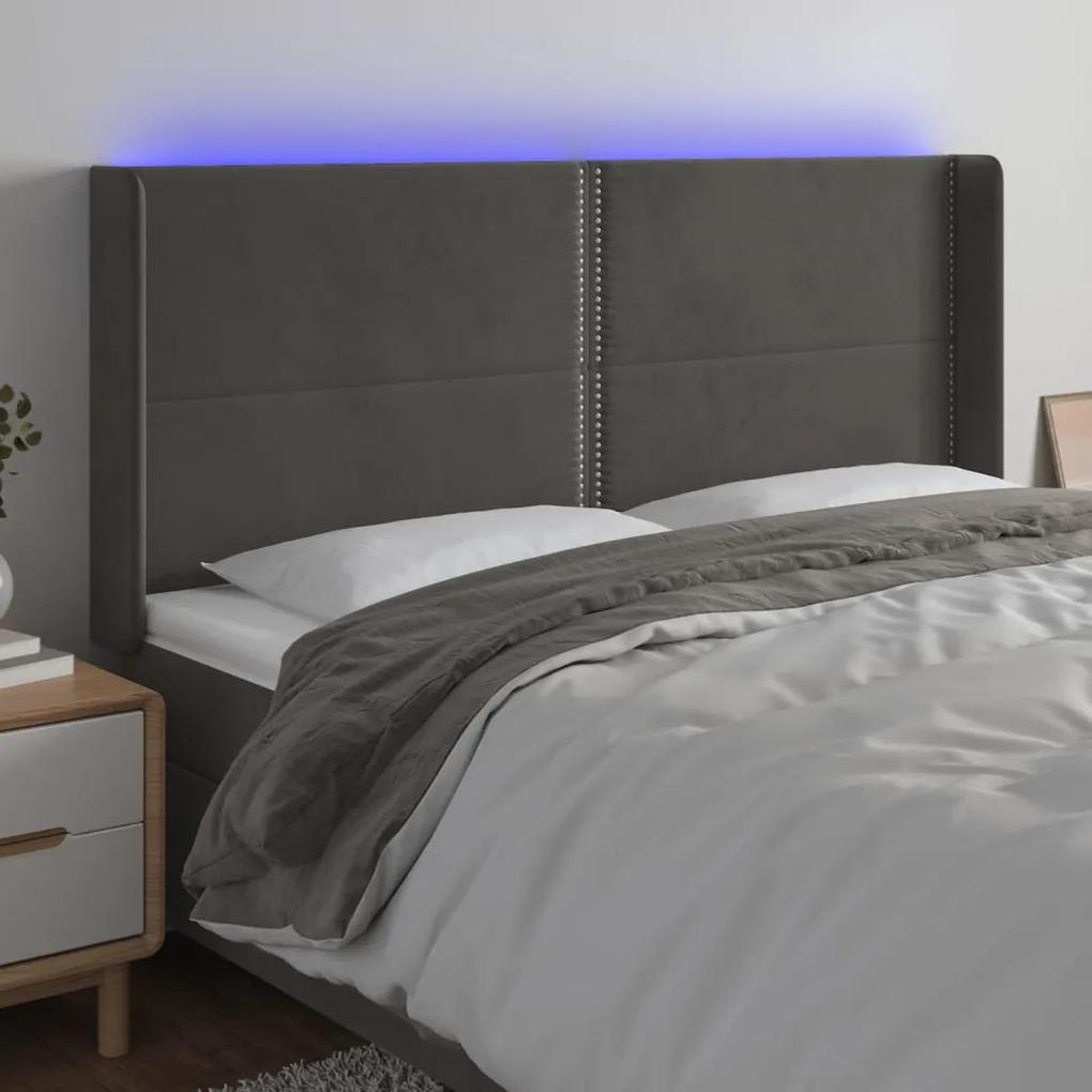 3123975 vidaXL Tăblie de pat cu LED, gri închis, 203x16x118/128 cm, catifea
