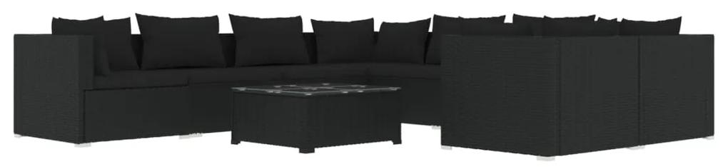Set mobilier de gradina cu perne, 9 piese, negru, poliratan Negru, 4x colt + 4x mijloc + masa, 1