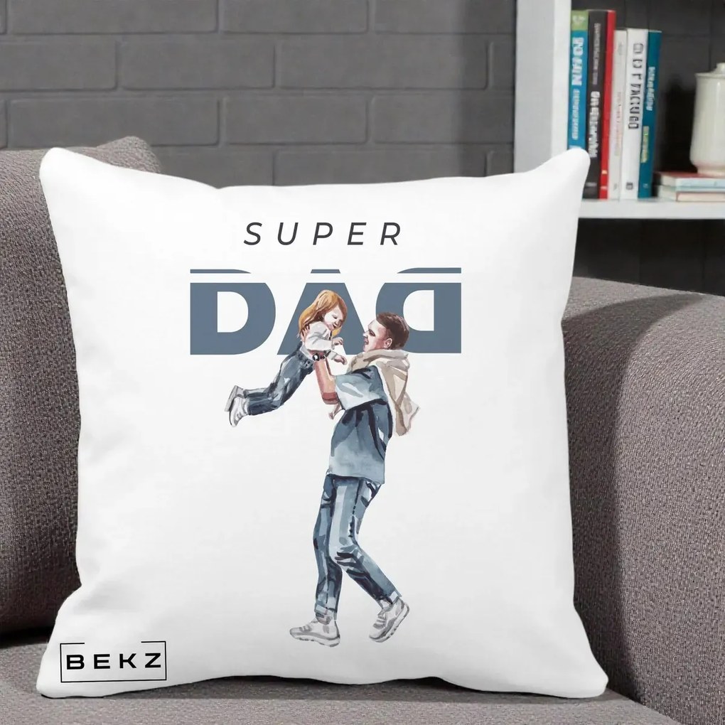 Cadou pentru Tata - Perna Personalizata Super DAD Tata si Fiica, 40x40 cm, Alba Mata, Husa Detasabila, Perna Inclusa, BEKZ®