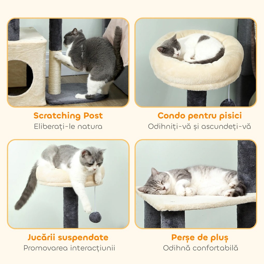 PawHut Arbore zgârietor pentru pisici, înalt de 92 cm, cu căsuță, culcuș, stâlpi din sisal și bila, crem alb | Aosom Romania
