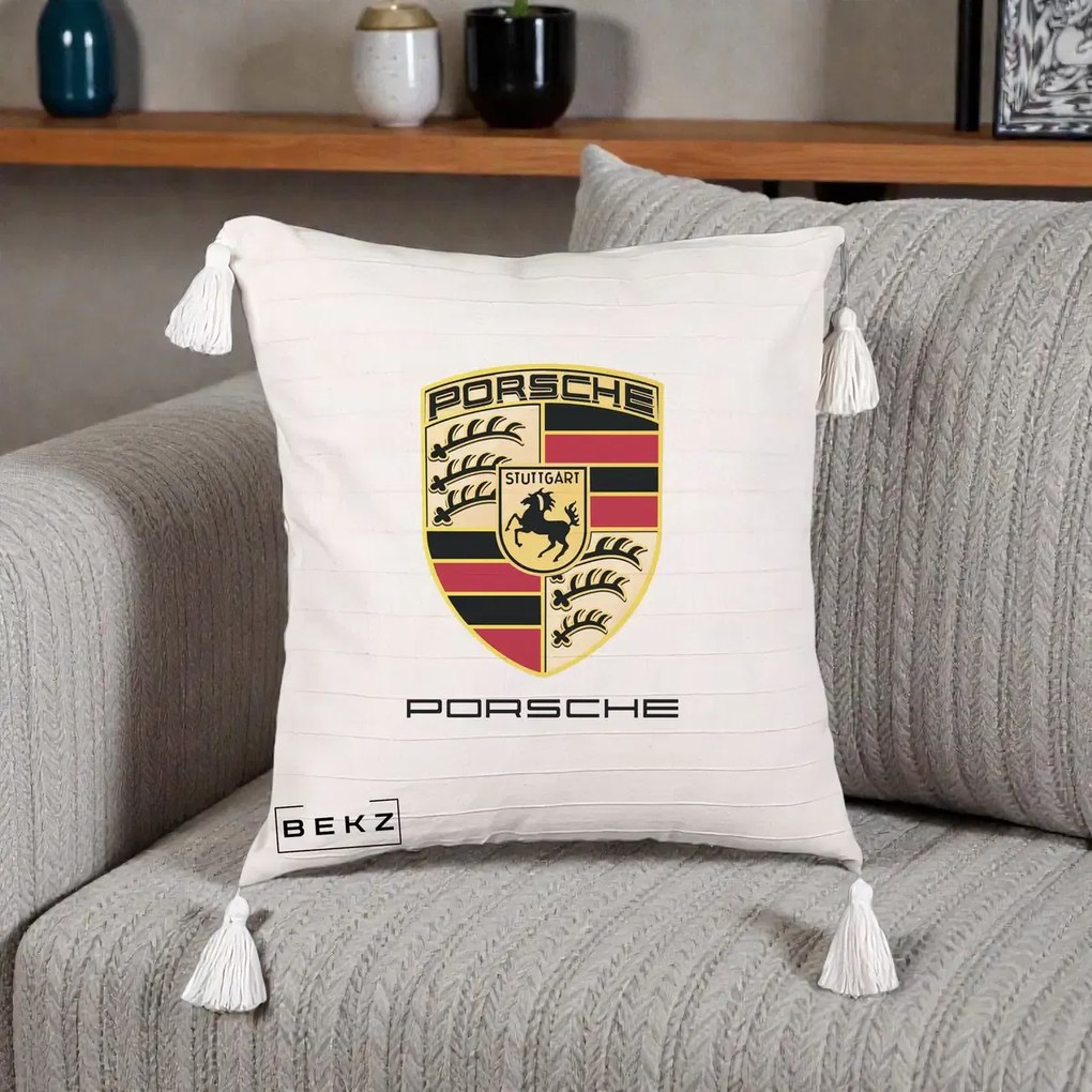 Perna Personalizata Porsche Stuttgart, 40x40 cm, Bej cu Franjuri, Husa Detasabila, Perna Inclusa, BEKZ®