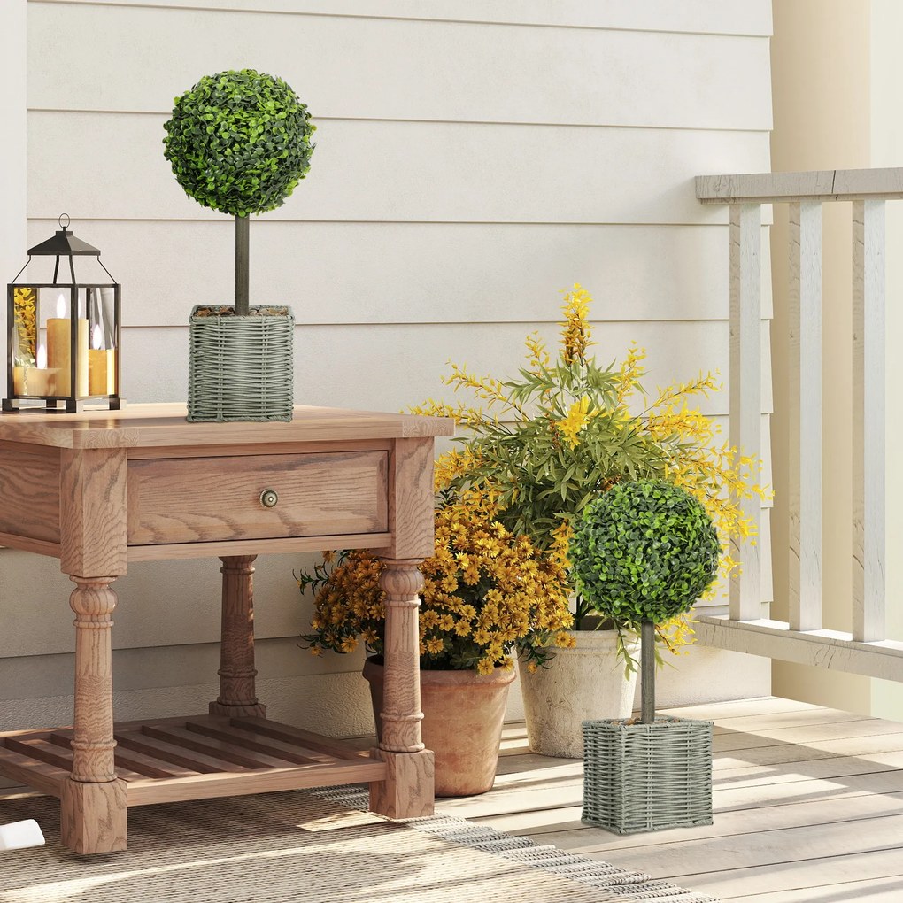 HOMCOM Set de 2 plante artificiale decorative, bile de buxus artificial 50 cm cu ghiveci din plastic împletit și pietre, verde | Aosom Romania