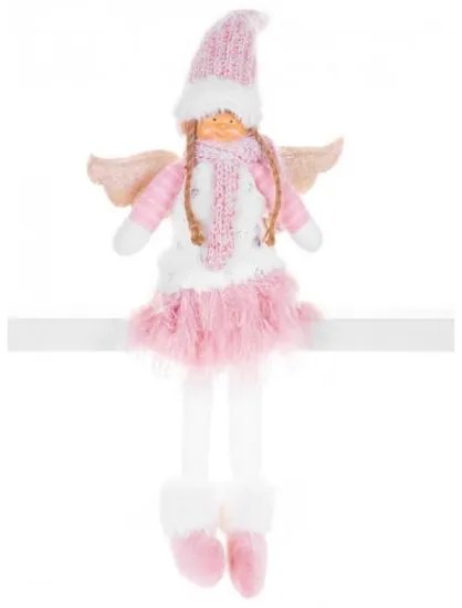 Decoratiune iarna, inger cu aripi si fustita roz, alb, 23x12x59 cm