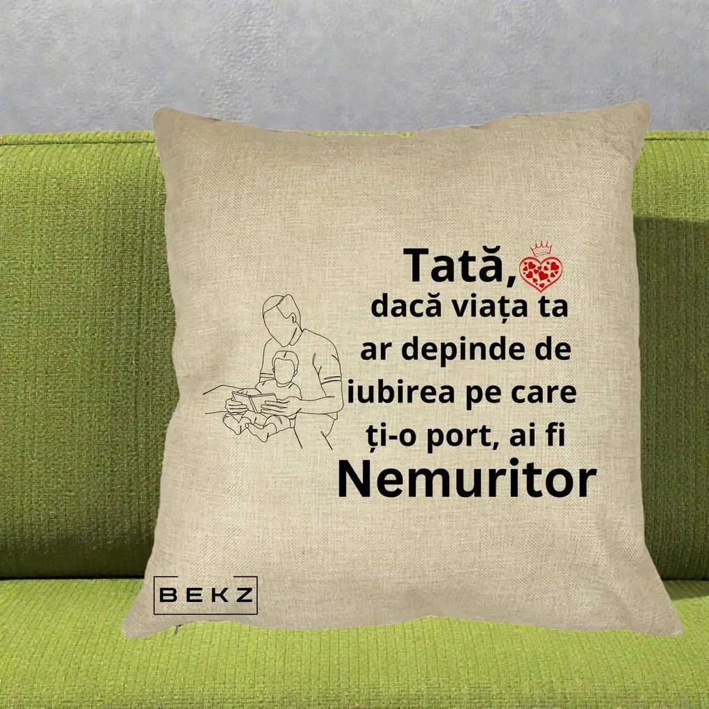 Cadou pentru Tata - Perna Personalizata Tata Nemuritor Lectura, 40x40 cm, Crem, Husa Detasabila, Perna Inclusa, BEKZ®