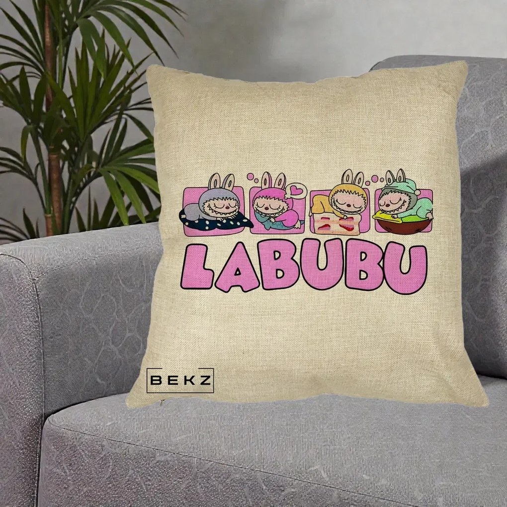 Perna Personalizata Labubu Sleeping Quad, 40x40 cm, Crem, Husa Detasabila, Perna Inclusa, BEKZ®