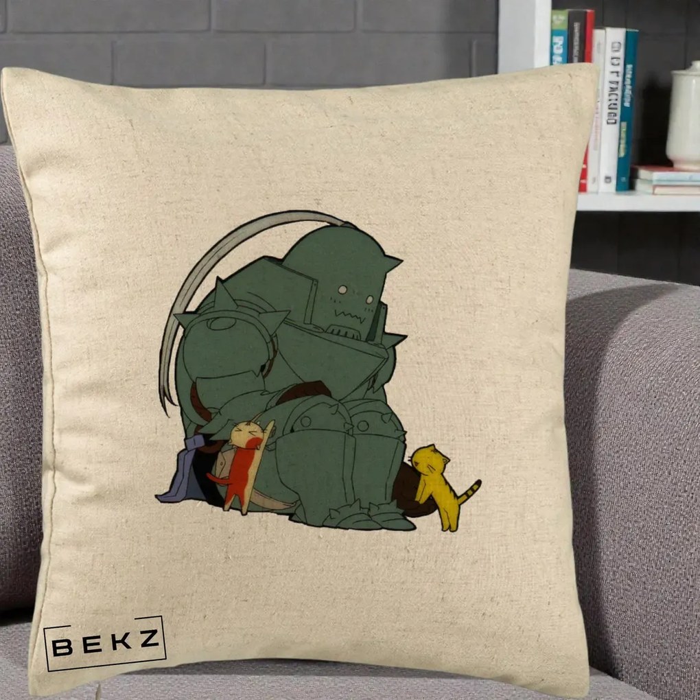 Perna Personalizata Fullmetal Alchemist Alphonse cu Pisici, 40x40 cm, Bej, Husa Detasabila, Perna Inclusa, BEKZ®