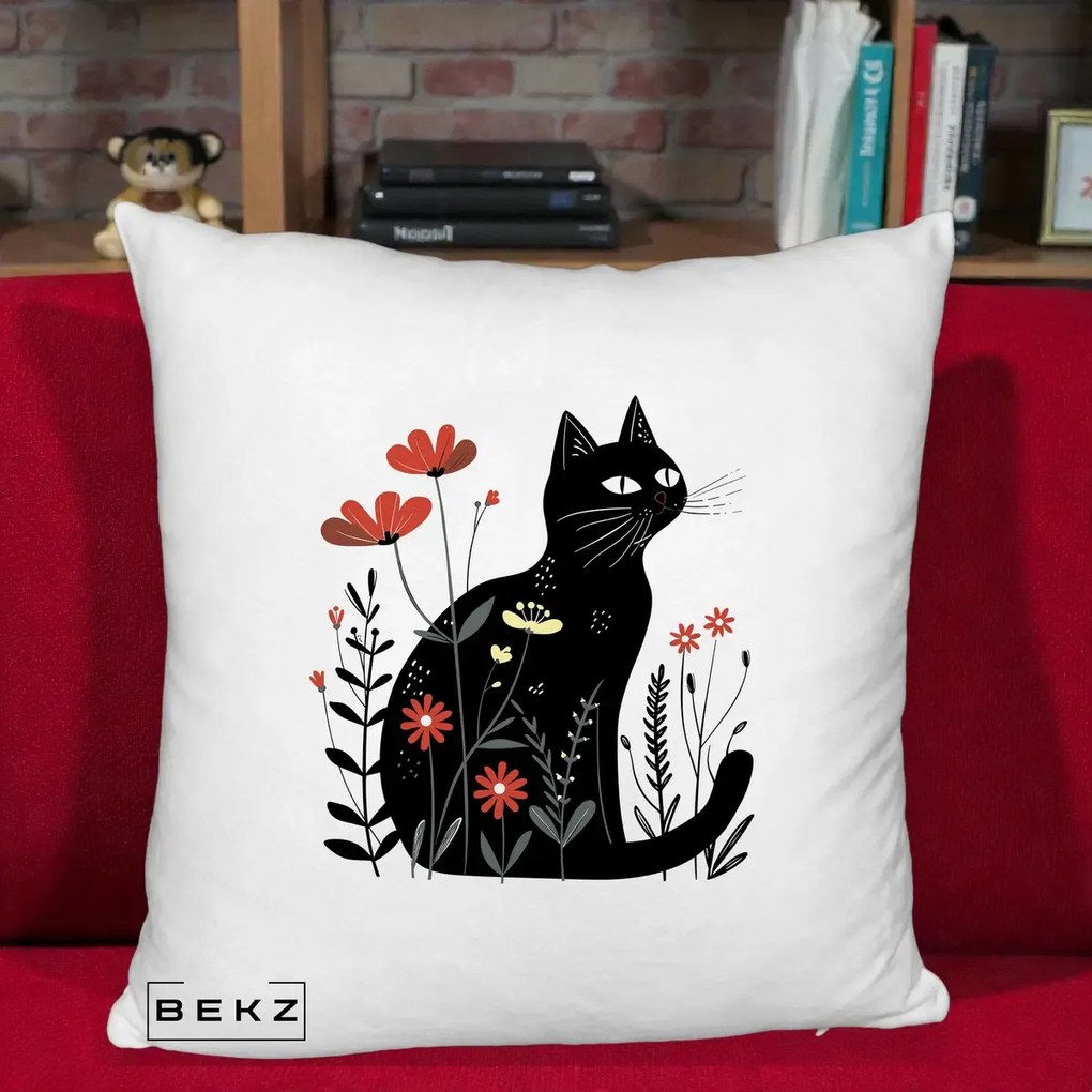 Perna Decorativa Pisica Neagra Flori Rosii Folk, 40x40 cm, Alb Pufos, Husa Detasabila, Perna Inclusa, BEKZ®