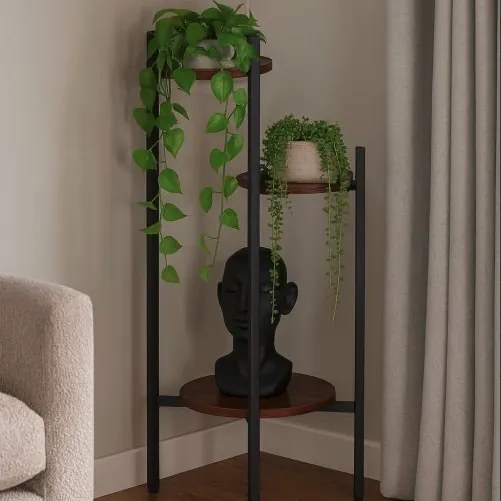 Suport pentru flori Loft - raft cu 3 etaje cu rafturi rotunde din lemn