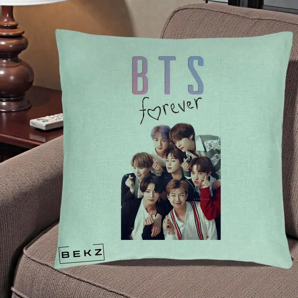 Perna Personalizata K-pop BTS Forever cu Foto Grup Negru, 40x40 cm, Verde Menta, Husa Detasabila, Perna Inclusa, BEKZ®