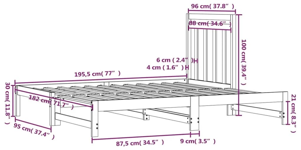 Pat de zi extensibil, alb, 2x(90x190) cm, lemn masiv de pin