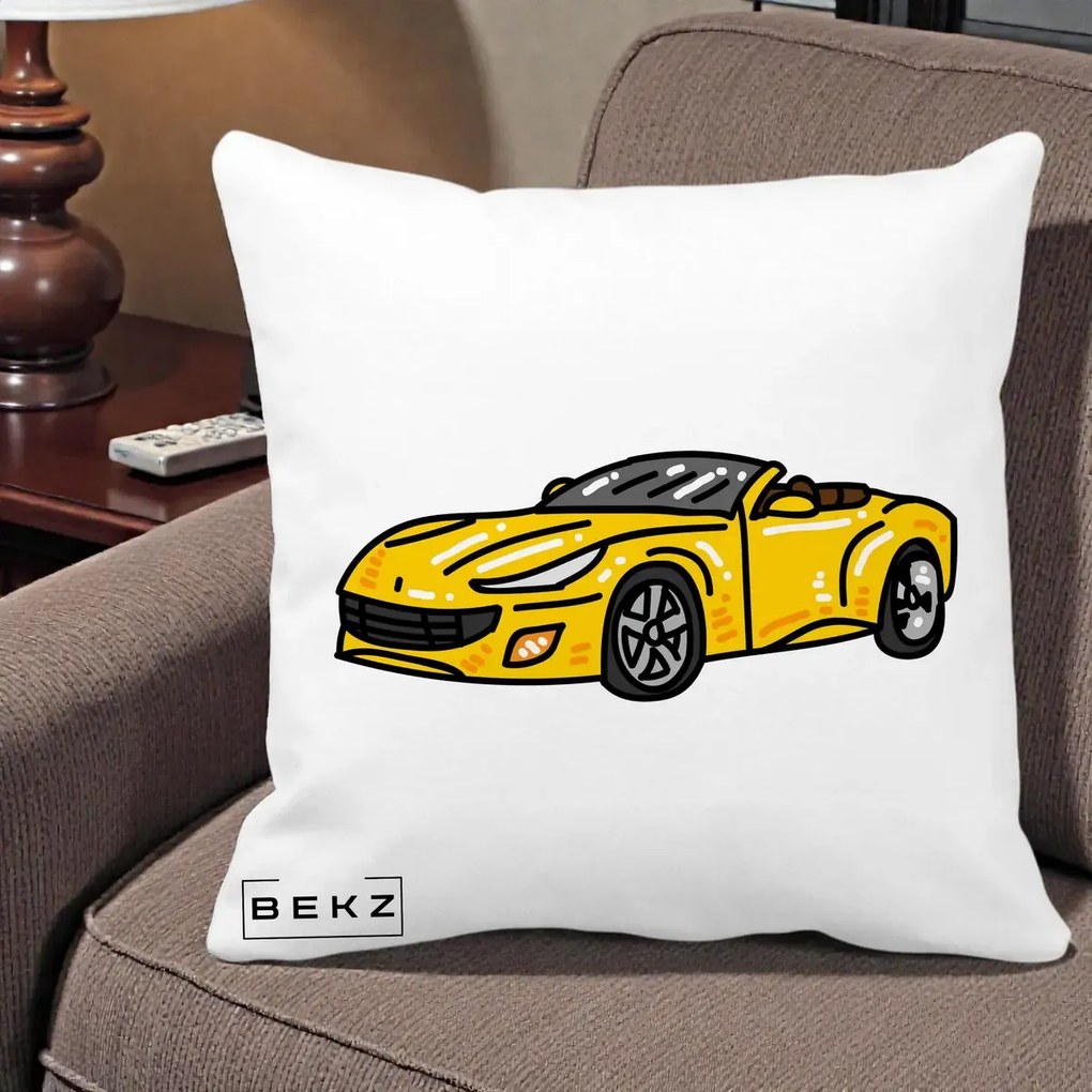 Perna Personalizata Masina Cabriolet Galbena Grafic, 40x40 cm, Alba Mata, Husa Detasabila, Perna Inclusa, BEKZ®
