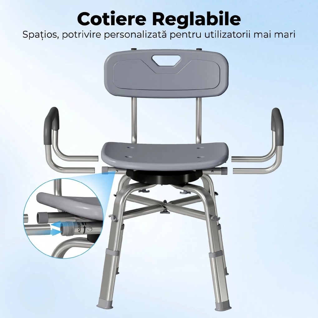 HOMCOM Scaun de Duș Rotativ cu Înălțime Reglabilă, Brațe și Spătar, Capacitate 150 kg, Gri | Aosom Romania