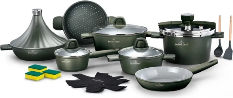 Set vase de gatit Swiss Haus SH-GPC3020G, 20 piese, Acoperire ceramica Sapphire, Fara PFAS, Cuptor pana la 220°C, Inductie, Verde