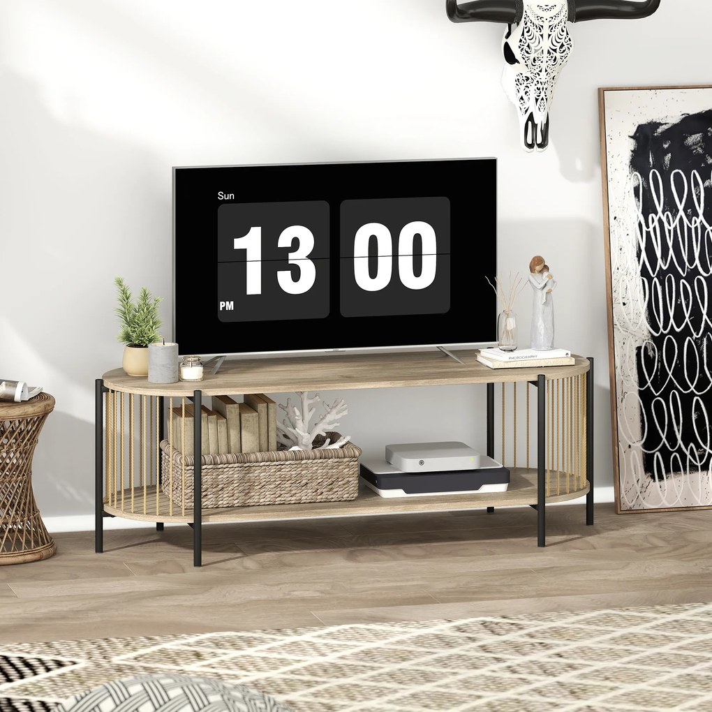 HOMCOM Suport TV Stil Bohemio pana la 55 Inch cu Design in Sfoara de Hartie si 2 Rafturi Deschise 124x43,5x41 cm Natural | Aosom Romania