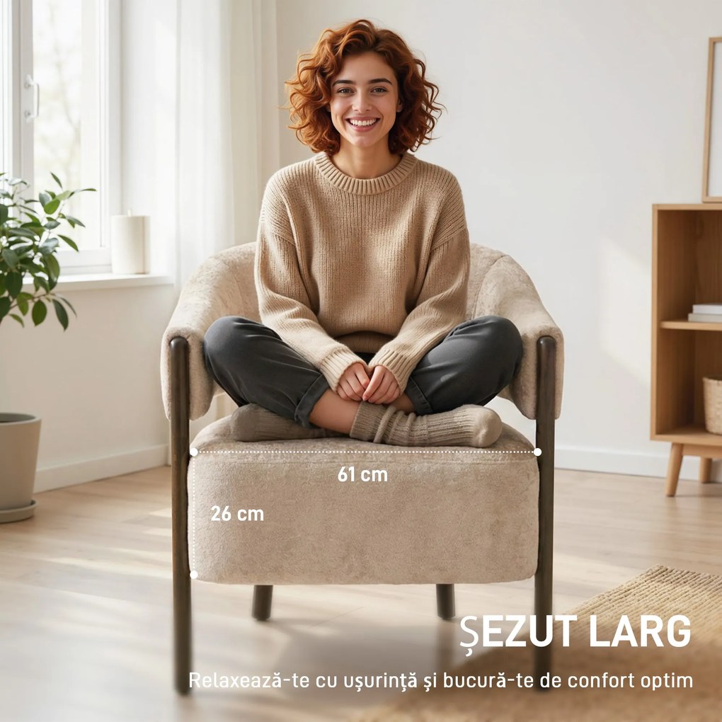 HOMCOM Fotoliu Elegante Tapițat cu Catifea Chenille și Cadru din Lemn Masiv, Fotoliu Modern pentru Living și Dormitor, Bej | Aosom Romania