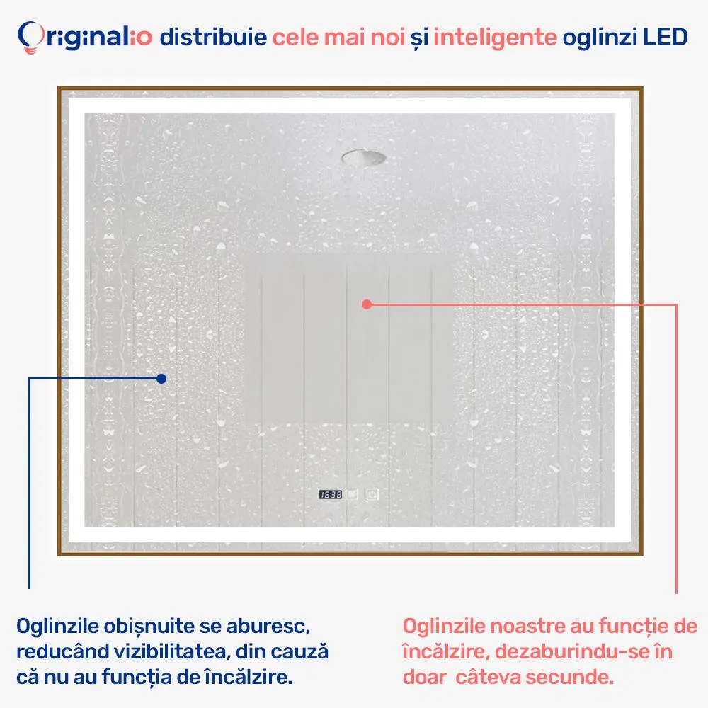 Oglindă LED Dreptunghiulară (100x80 cm), 3 Moduri Iluminare (Lumină Rece, Naturală, Caldă), Intensitate Reglabilă, Funcție Dezaburire, Ceas (Timer) și Termometru, Ramă Aluminiu, Control Tactil (Touch)