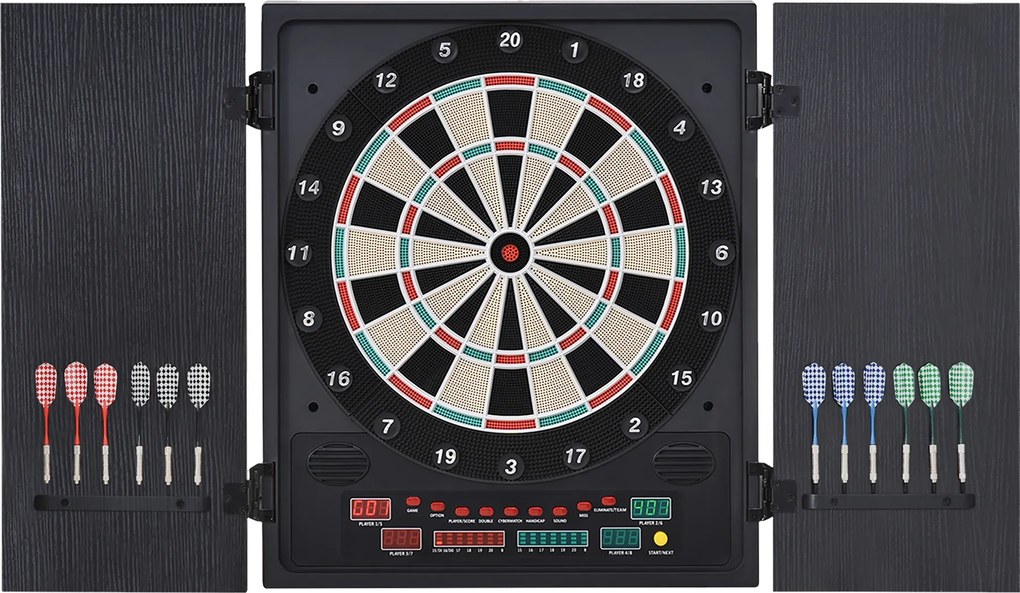 HOMCOM Tabla de Darts Electronică Profesională cu 6 Display-uri, 12 Săgeți, 27 Moduri de Joc, 51x6.5x57cm, Negru | Aosom Romania
