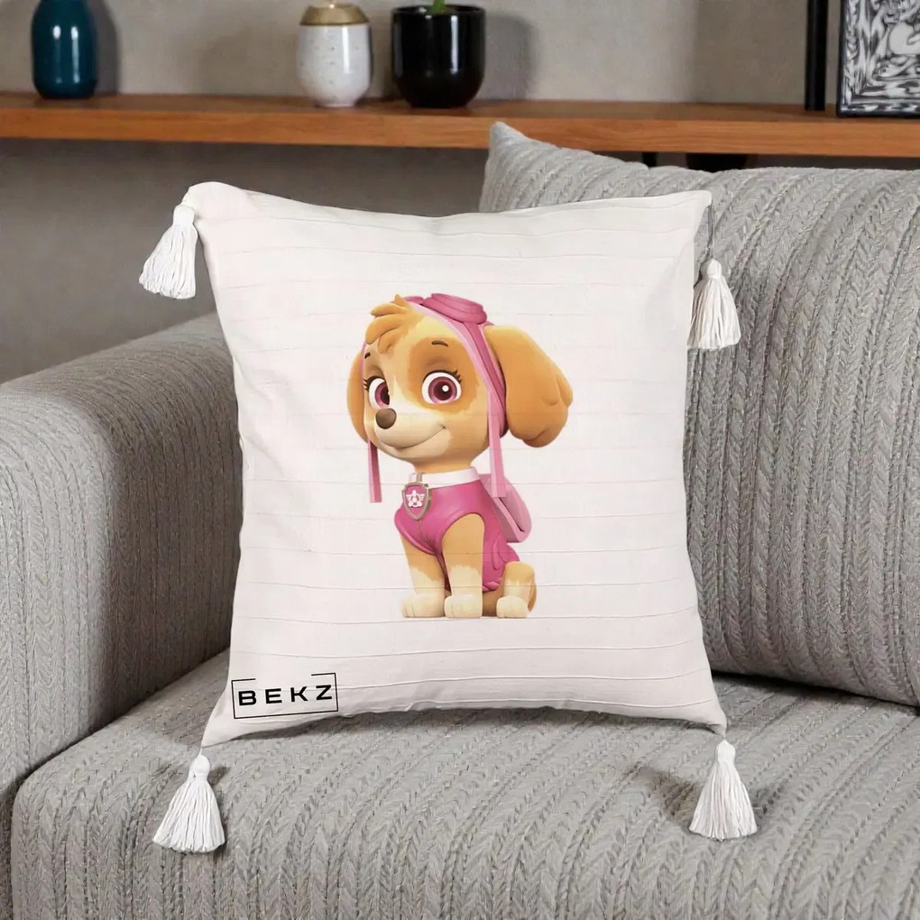 Perna Personalizata Skye PAW Patrol Roz, 40x40 cm, Bej cu Franjuri, Husa Detasabila, Perna Inclusa, BEKZ®