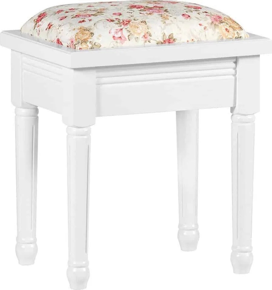 Taburet lemn masiv alb Elizabeth /Floral, 40 × 30 × 42 cm