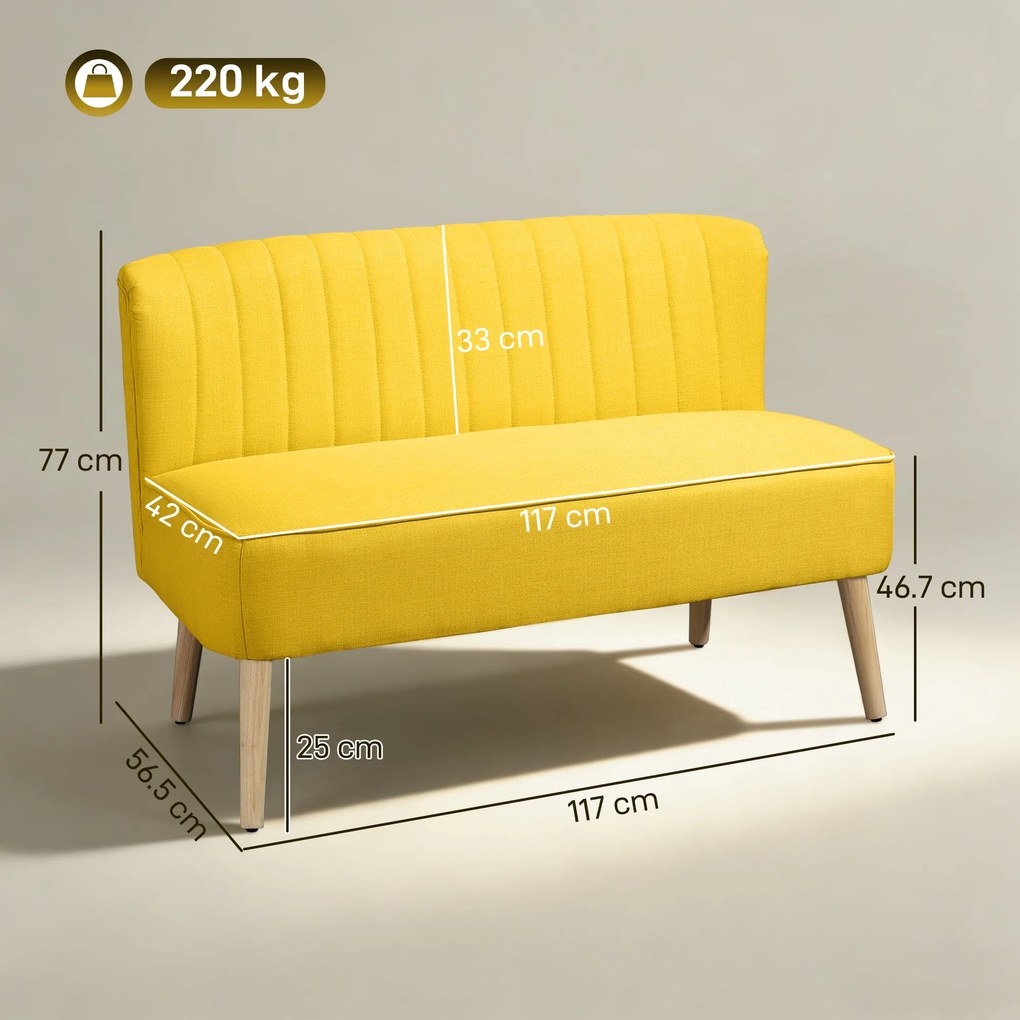 HOMCOM Canapea cu 2 Locuri din Țesătură, Fără Brațe, Canapea de Sufragerie cu Picioare din Lemn, 117x56,5x77 cm, Galben | Aosom Romania