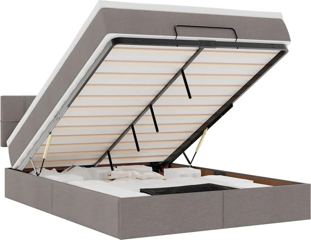 vidaXL Pat otoman cu saltea și LED-uri Taupe 140x190 cm țesătură