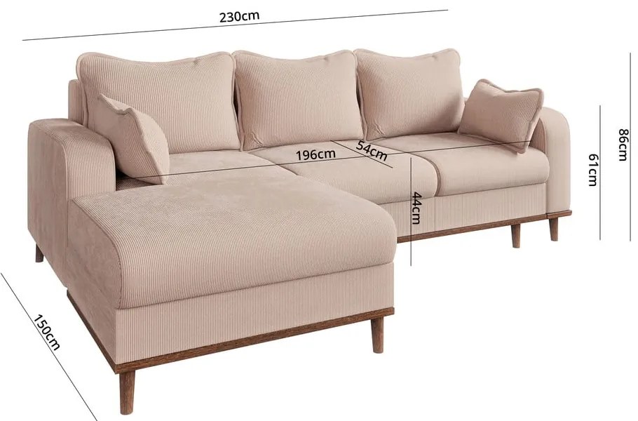 Colțar bej cu tapițerie din catifea reiată (cu colț pe partea stângă ) Beata – Ropez