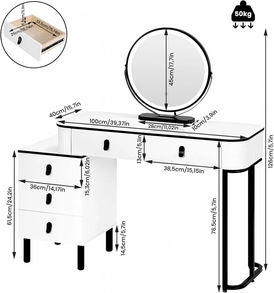 SEA470 - Set Masa toaleta 100 cm cosmetica machiaj, oglinda cu LED, masuta vanity, cu sau fara taburet - Alb - Negru