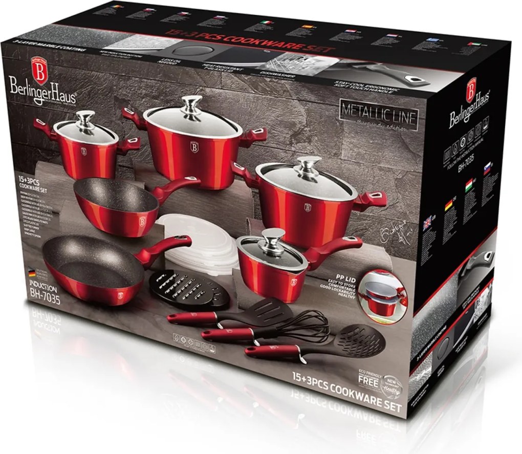 Set de oale si tigai cu capace, marmorate, 18 piese Burgundy Metalic Line Berlinger Haus BH 7035