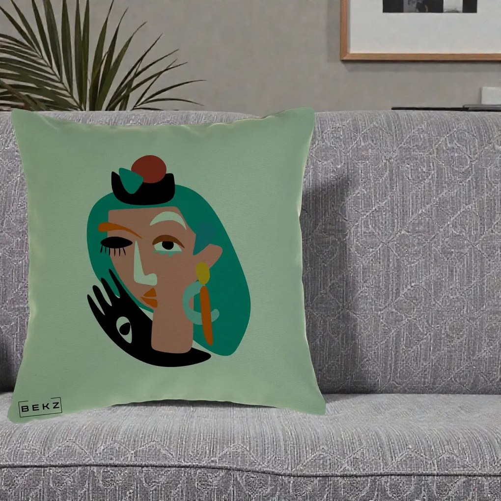 Perna Decorativa Portret Abstract Matisse Turcoaz, 40x40 cm, Verde, Husa Detasabila, Perna Inclusa, BEKZ®