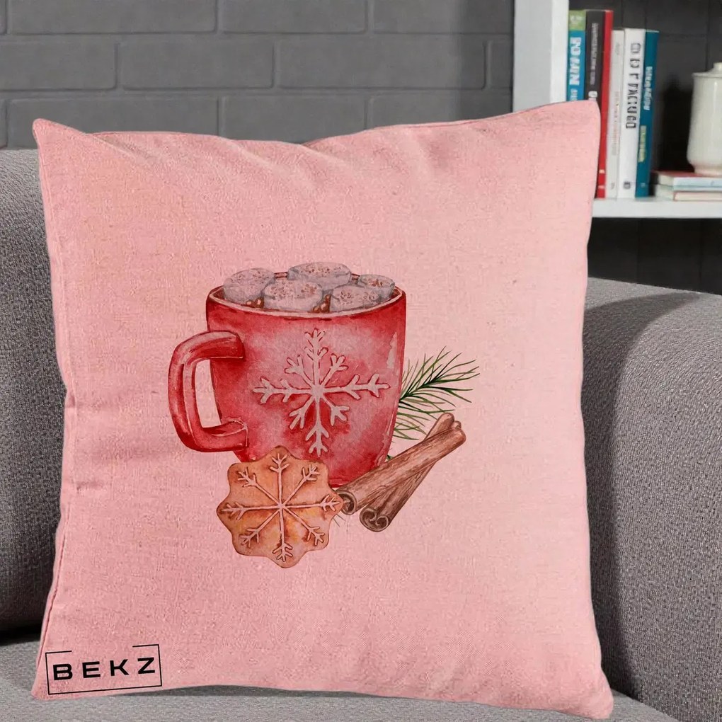 Perna Decorativa Cacao de Iarna cu Biscuit, 40x40 cm, Roz, Husa Detasabila, Perna Inclusa, BEKZ®